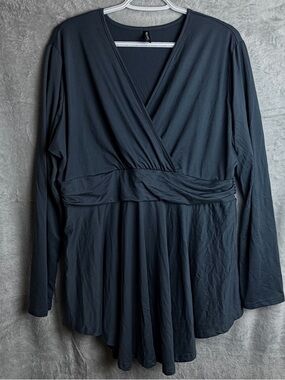 Allegrace 2X  V Neck Top Tunic Peplum Grey Old Money Boho Flared Hem Ruffles